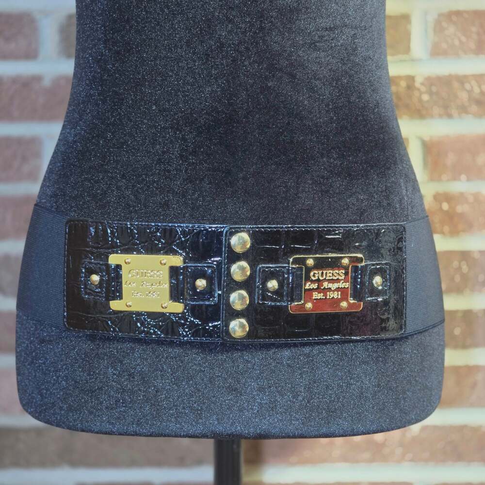 Vintage GUESS Los Angeles Wide Black Croc Stretch Waist Cinch Belt Gold Hardware